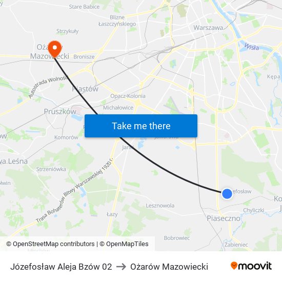 Józefosław Aleja Bzów 02 to Ożarów Mazowiecki map