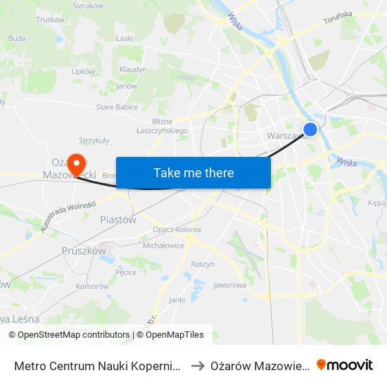 Metro Centrum Nauki Kopernik 05 to Ożarów Mazowiecki map