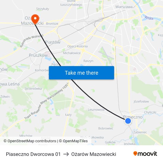 Piaseczno Dworcowa to Ożarów Mazowiecki map