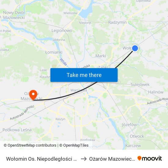 Wołomin Os. Niepodległości 03 to Ożarów Mazowiecki map