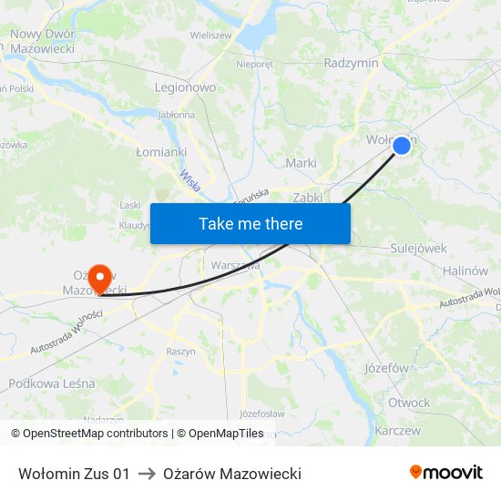 Wołomin Zus 01 to Ożarów Mazowiecki map