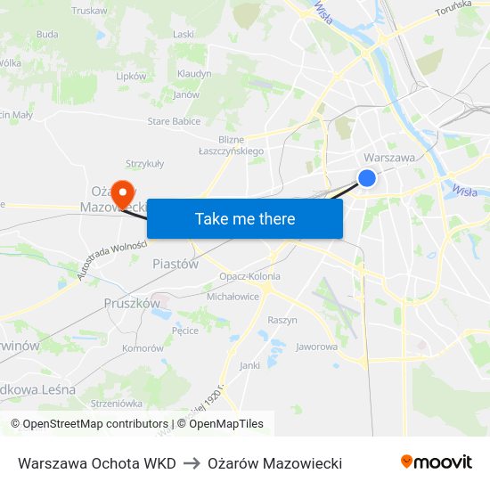 Warszawa Ochota WKD to Ożarów Mazowiecki map