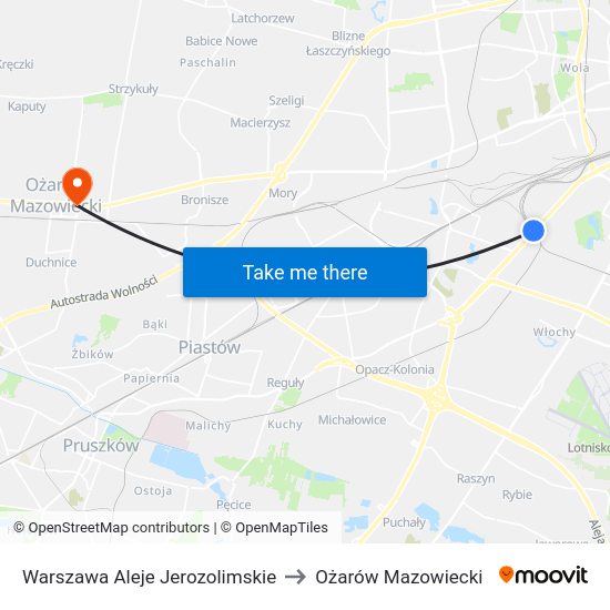 Warszawa Aleje Jerozolimskie to Ożarów Mazowiecki map