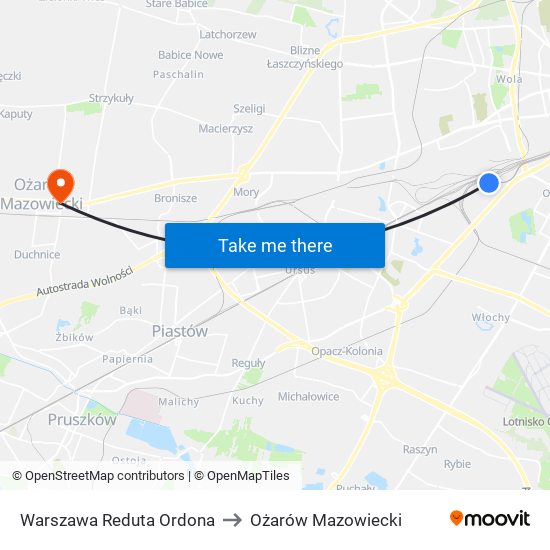 Warszawa Reduta Ordona to Ożarów Mazowiecki map