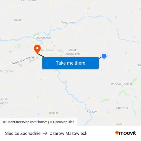 Siedlce Zachodnie to Ożarów Mazowiecki map