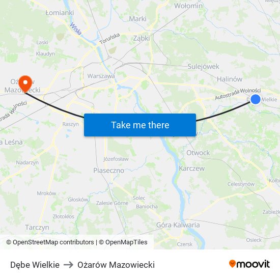 Dębe Wielkie to Ożarów Mazowiecki map