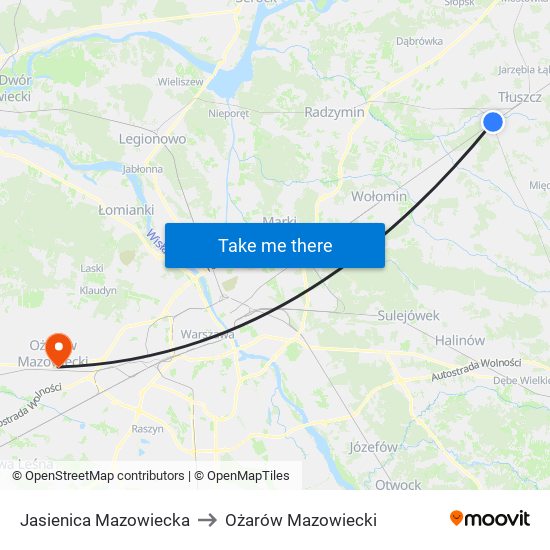 Jasienica Mazowiecka to Ożarów Mazowiecki map