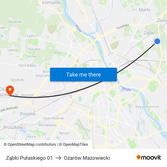 Ząbki Pułaskiego 01 to Ożarów Mazowiecki map