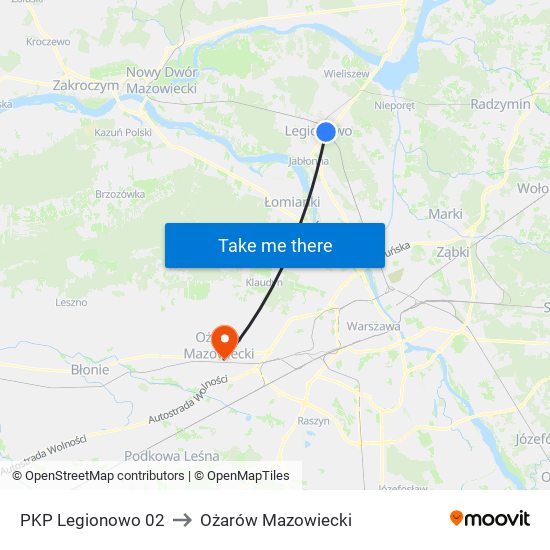 PKP Legionowo 02 to Ożarów Mazowiecki map