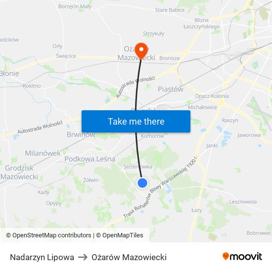 Nadarzyn Lipowa to Ożarów Mazowiecki map