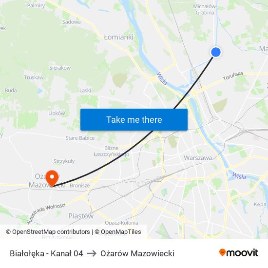 Białołęka-Kanał to Ożarów Mazowiecki map