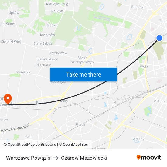 Warszawa Powązki to Ożarów Mazowiecki map