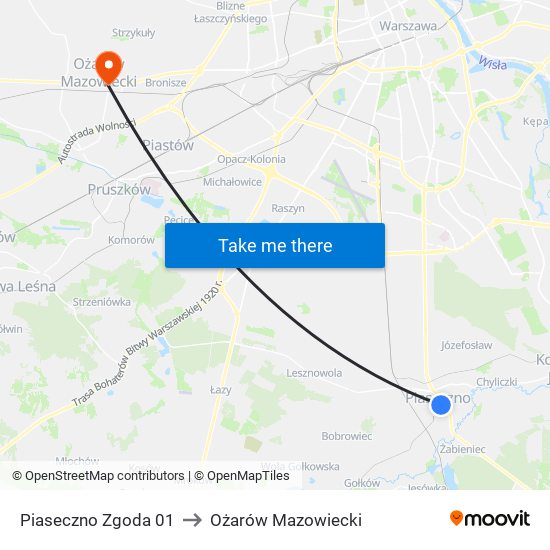 Piaseczno Zgoda 01 to Ożarów Mazowiecki map