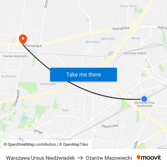 Warszawa Ursus Niedźwiadek to Ożarów Mazowiecki map