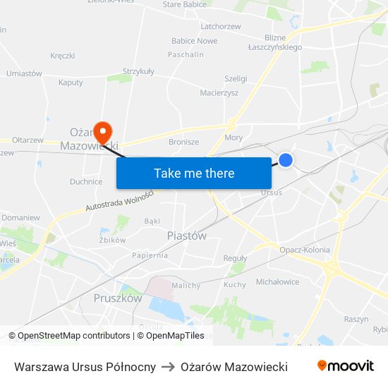 Warszawa Ursus Północny to Ożarów Mazowiecki map