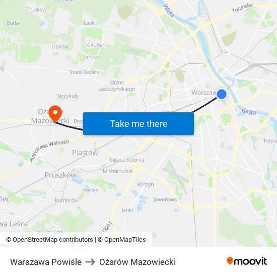 Warszawa Powiśle to Ożarów Mazowiecki map