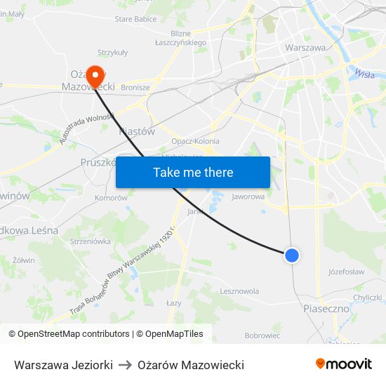 Warszawa Jeziorki to Ożarów Mazowiecki map