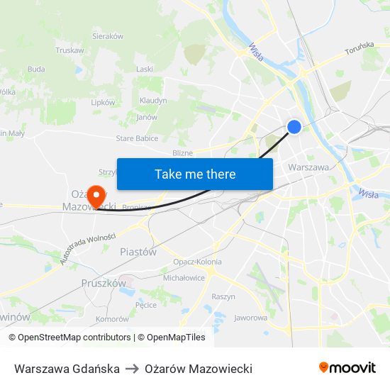 Warszawa Gdańska to Ożarów Mazowiecki map