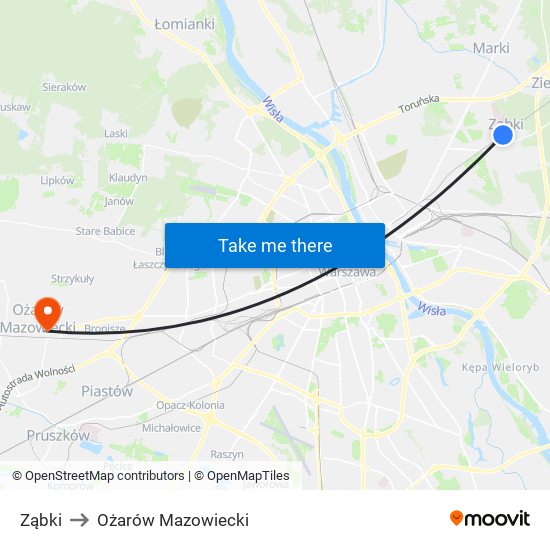 Ząbki to Ożarów Mazowiecki map