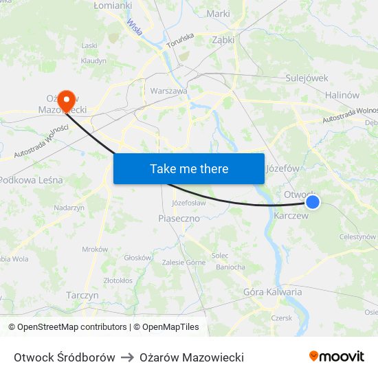 Otwock Śródborów to Ożarów Mazowiecki map