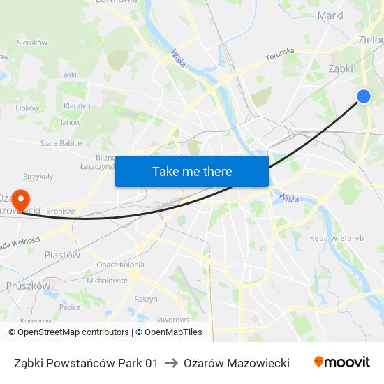 Ząbki Powstańców Park 01 to Ożarów Mazowiecki map