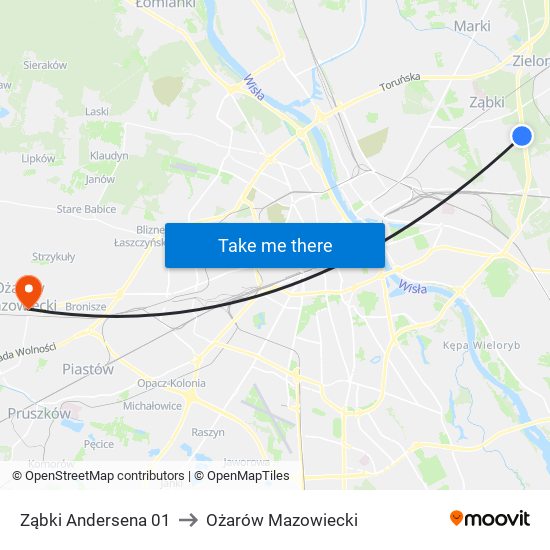 Ząbki Andersena 01 to Ożarów Mazowiecki map