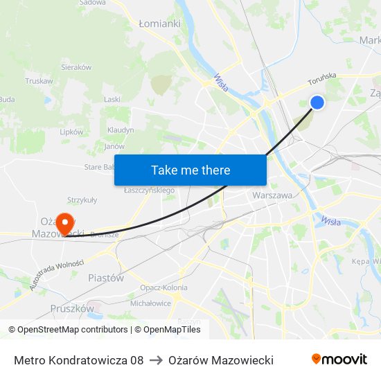 Metro Kondratowicza 08 to Ożarów Mazowiecki map