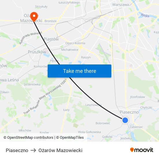 Piaseczno to Ożarów Mazowiecki map