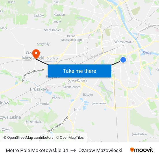 Metro Pole Mokotowskie 04 to Ożarów Mazowiecki map