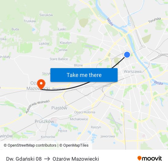 Dw. Gdański 08 to Ożarów Mazowiecki map