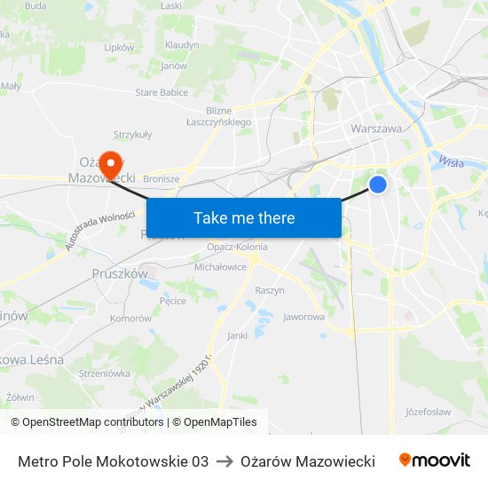 Metro Pole Mokotowskie 03 to Ożarów Mazowiecki map