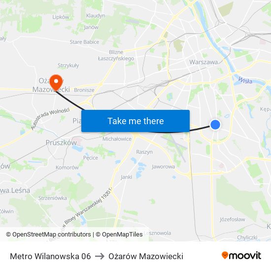 Metro Wilanowska 06 to Ożarów Mazowiecki map