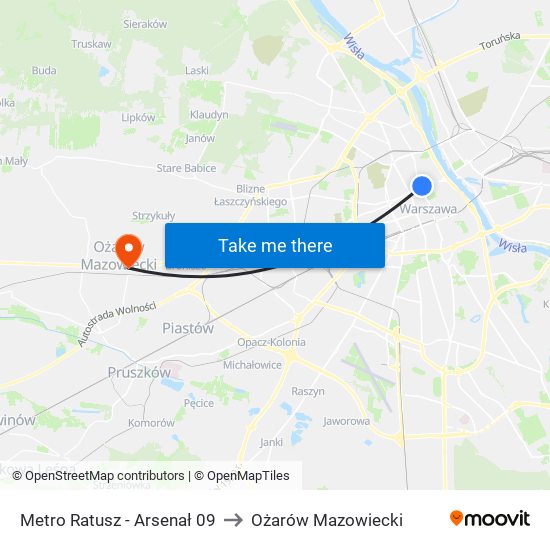 Metro Ratusz Arsenał to Ożarów Mazowiecki map