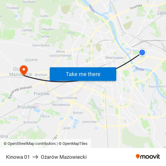 Kinowa 01 to Ożarów Mazowiecki map