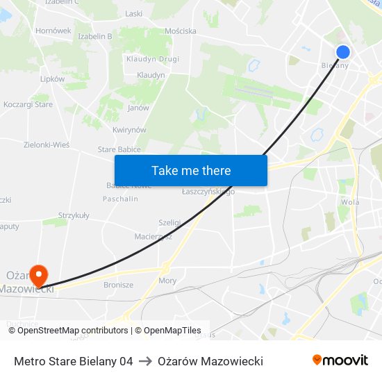 Metro Stare Bielany to Ożarów Mazowiecki map