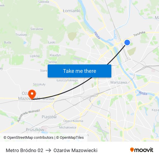 Metro Bródno to Ożarów Mazowiecki map