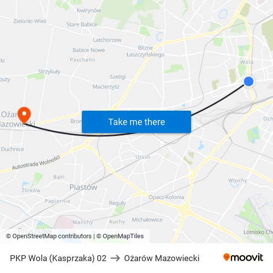 PKP Wola (Kasprzaka) 02 to Ożarów Mazowiecki map