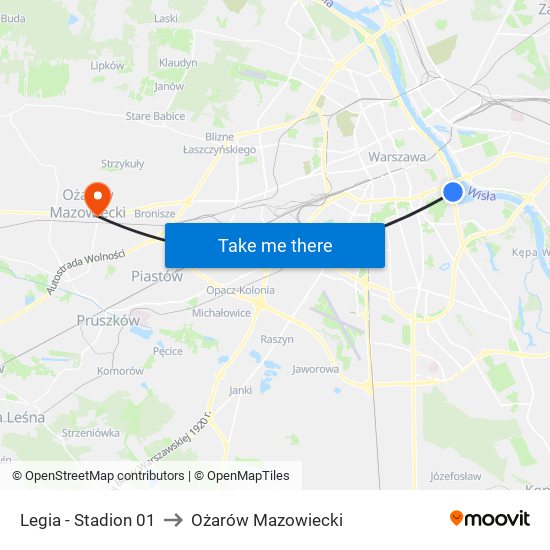 Legia - Stadion 01 to Ożarów Mazowiecki map