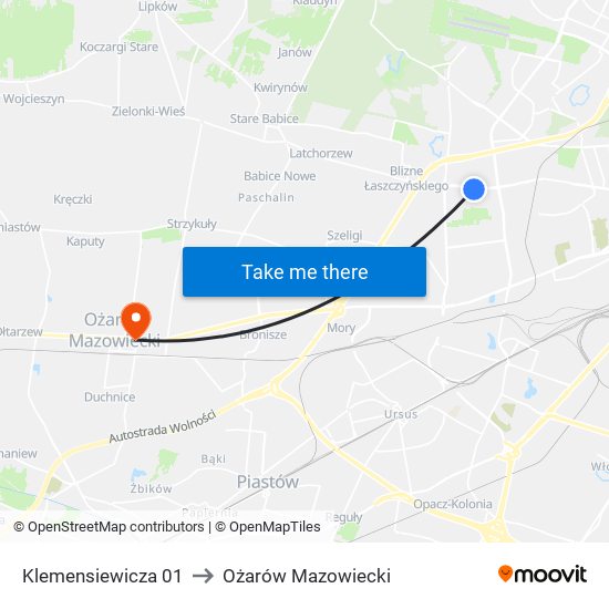 Klemensiewicza 01 to Ożarów Mazowiecki map