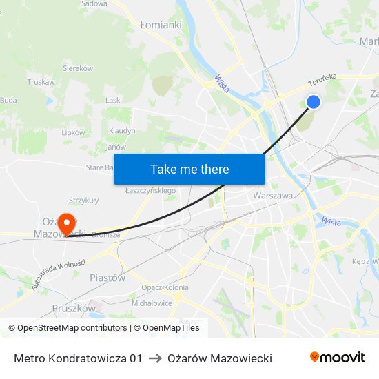 Metro Kondratowicza to Ożarów Mazowiecki map