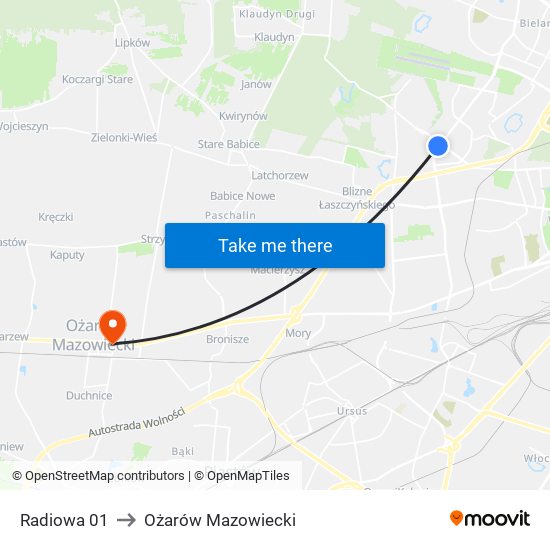 Radiowa 01 to Ożarów Mazowiecki map