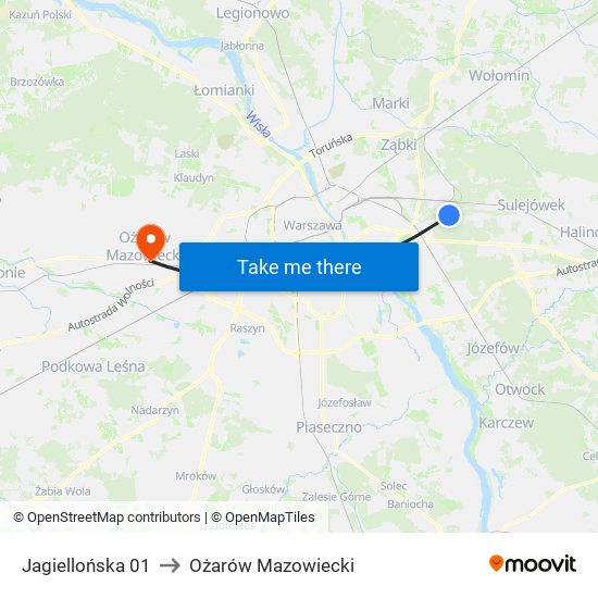 Jagiellońska 01 to Ożarów Mazowiecki map