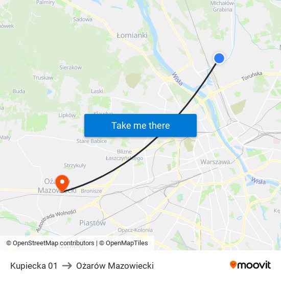 Kupiecka 01 to Ożarów Mazowiecki map