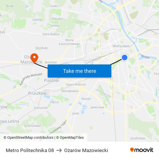 Metro Politechnika to Ożarów Mazowiecki map