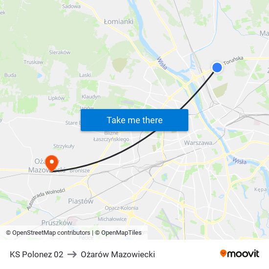 KS Polonez 02 to Ożarów Mazowiecki map