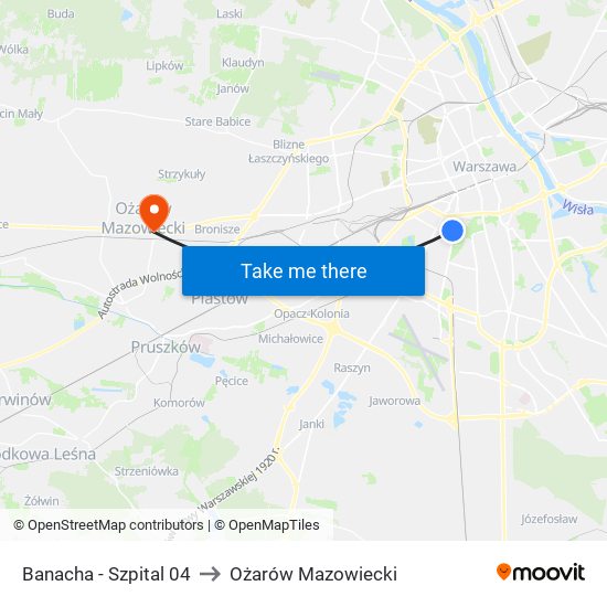 Banacha-Szpital to Ożarów Mazowiecki map