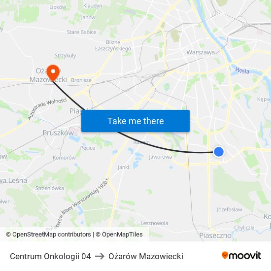 Centrum Onkologii to Ożarów Mazowiecki map