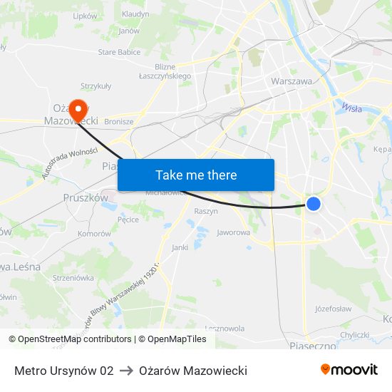 Metro Ursynów 02 to Ożarów Mazowiecki map