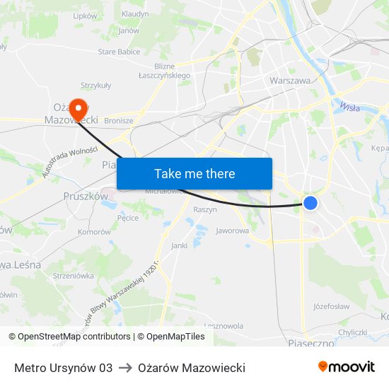 Metro Ursynów to Ożarów Mazowiecki map