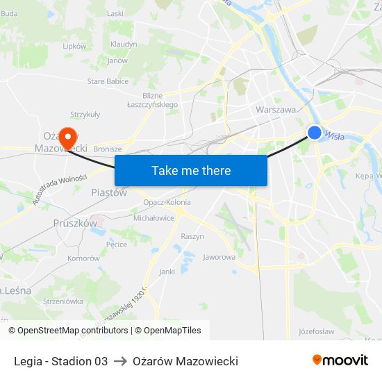 Legia - Stadion 03 to Ożarów Mazowiecki map